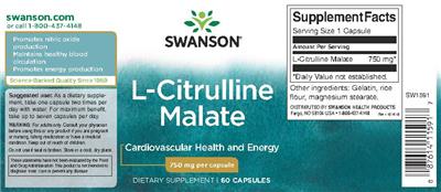 Photo of the Swanson L-Citrulline Malate 750 mg label