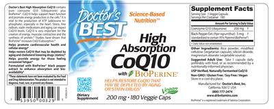 Photo of the Doctor's Best High Absorption CoQ10 200 mg with BioPerine label