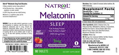 Photo of the Natrol Melatonin 5 mg Fast Dissolve Strawberry Natural Flavor label