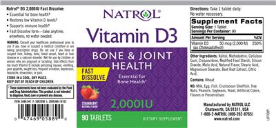 Photo of the Natrol Vitamin D3 2,000 IU Fast Dissolve Strawberry Natural Flavor label