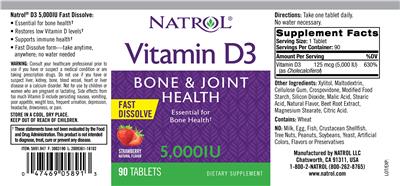 Photo of the Natrol Vitamin D3 5,000 IU Fast Dissolve Strawberry Natural Flavor label