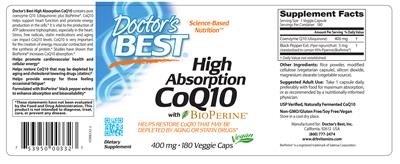 Photo of the Doctor's Best High Absorption CoQ10 400 mg with BioPerine label