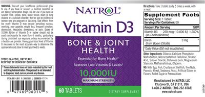 Photo of the Natrol Vitamin D3 10,000 IU label
