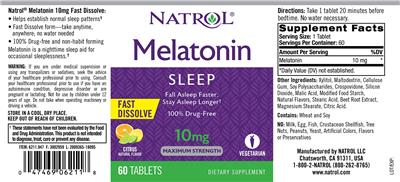 Photo of the Natrol Melatonin 10 mg Fast Dissolve Citrus Natural Flavor label