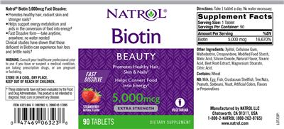 Photo of the Natrol Biotin 5,000 mcg Fast Dissolve Strawberry Natural Flavor label
