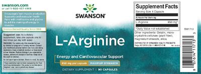 Photo of the Swanson L-Arginine 850 mg Maximum Strength label
