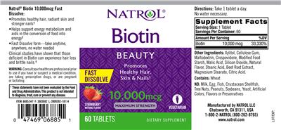 Photo of the Natrol Biotin 10,000 mcg Fast Dissolve Strawberry Natural Flavor label