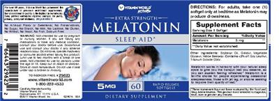 Photo of the Vitamin World Extra Strength Melatonin 5 mg label