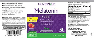 Photo of the Natrol Melatonin 5 mg Fast Dissolve Strawberry Natural Flavor label