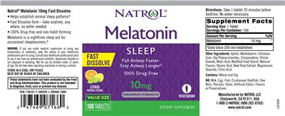 Photo of the Natrol Melatonin 10 mg Fast Dissolve Citrus Natural Flavor label