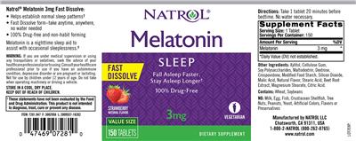 Product label for Melatonin 3 mg Fast Dissolve Strawberry Natural Flavor