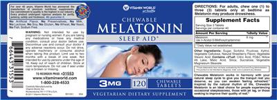Photo of the Vitamin World Chewable Melatonin 3 mg label