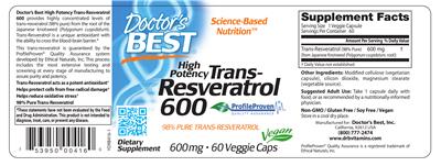 Photo of the Doctor's Best High Potency Trans-Resveratrol 600 mg label