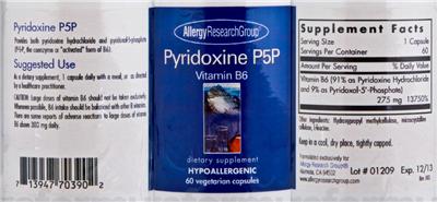 Photo of the Allergy Research Group Pyridoxine P5P label