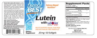 Photo of the Doctor's Best Lutein with Lutemax 2020 20 mg label