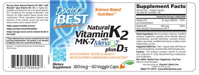 Photo of the Doctor's Best Natural Vitamin K2 MK-7 with MenaQ7 plus D3 180 mcg label