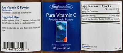 Photo of the Allergy Research Group Pure Vitamin C Ascorbic Acid Powder label
