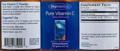 Photo of the Allergy Research Group Pure Vitamin C Powder label
