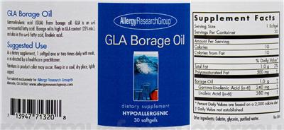 Photo of the Allergy Research Group GLA Borage Oil label
