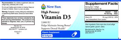 Photo of the New Sun High Potency Vitamin D3 2,000 IU label