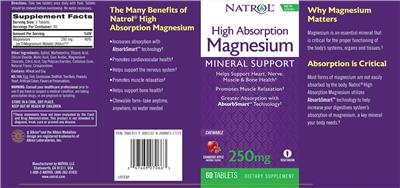 Photo of the Natrol High Absorption Magnesium Cranberry Apple Natural Flavor label