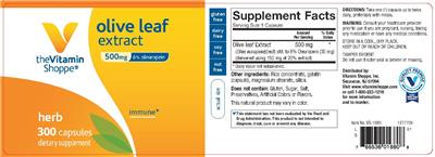 Photo of the The Vitamin Shoppe Olive Leaf Extract 500 mg label
