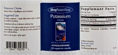Photo of the Allergy Research Group Potassium Citrate label