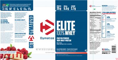 Photo of the Dymatize Elite 100% Whey Raspberry Cheesecake label