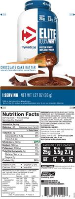 Photo of the Dymatize Elite 100% Whey Chocolate Cake Batter label