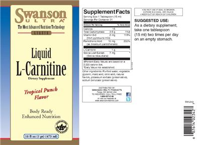 Photo of the Swanson Ultra Liquid L-Carnitine Tropical Punch Flavor label