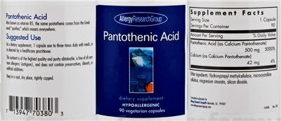 Photo of the Allergy Research Group Panthothenic Acid label