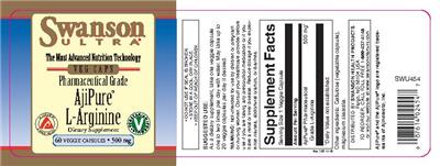 Photo of the Swanson Ultra Pharmaceutical Grade AjiPure L-Arginine 500 mg label