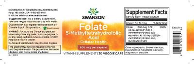 Photo of the Swanson Folate 5-Methyltetrahydrofolic Acid 800 mcg label
