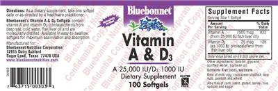 Photo of the Bluebonnet Vitamin A & D3 label