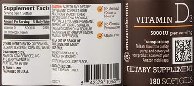 Photo of the Amazon Elements Vitamin D3 5000 IU label
