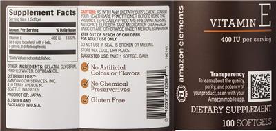 Photo of the Amazon Elements Vitamin E 400 IU label