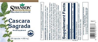Photo of the Swanson Premium Brand Cascara Sagrada 450 mg label
