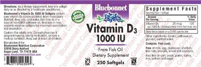 Photo of the Bluebonnet Vitamin D3 1000 IU label