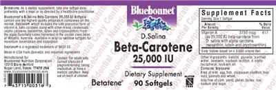 Photo of the Bluebonnet D. Salina Beta-Carotene 25,000 IU label