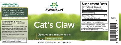 Photo of the Swanson Cat's Claw 500 mg label