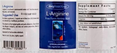 Photo of the Allergy Research Group L-Arginine label