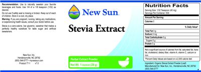 Photo of the New Sun Stevia Extract label