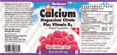Photo of the Bluebonnet Liquid Calcium Magnesium Citrate plus Vitamin D3 Natural Raspberry Flavor label