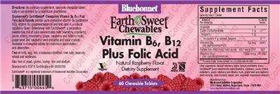 Photo of the Bluebonnet EarthSweet Chewables Vitamin B6, B12 plus Folic Acid Natural Raspberry Flavor label