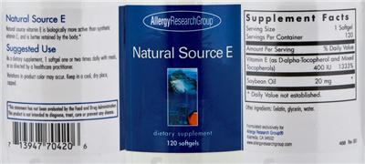 Photo of the Allergy Research Group Natural Source E label