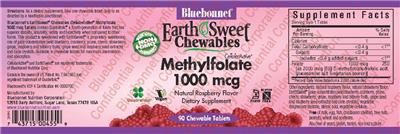Photo of the Bluebonnet EarthSweet Chewables CellularActive Methylfolate 1000 mcg Natural Raspberry Flavor label