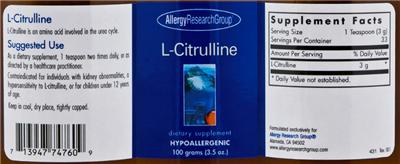 Photo of the Allergy Research Group L-Citrulline label