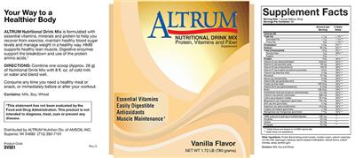 Photo of the Altrum Nutritional Drink Mix Vanilla Flavor label