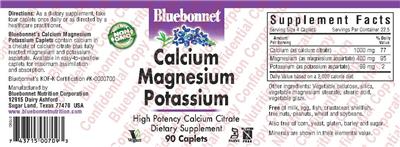 Photo of the Bluebonnet Calcium Magnesium Potassium label