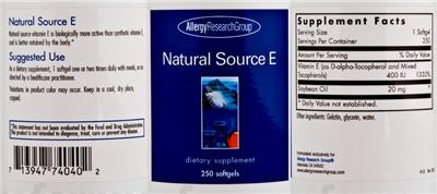 Photo of the Allergy Research Group Natural Source E label